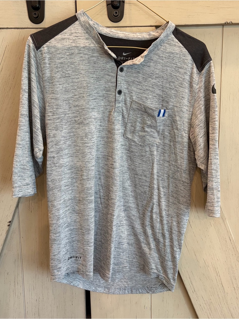 Nike Men's Gray Heather Dri-FIT Henley with Black Shoulder Panels Size Small